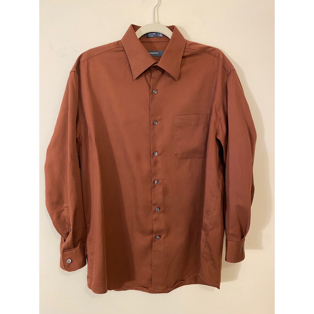 Perry Ellis Portfolio Mens L 16-16.5 Rust Brown Cotton Dress Shirt 34/35